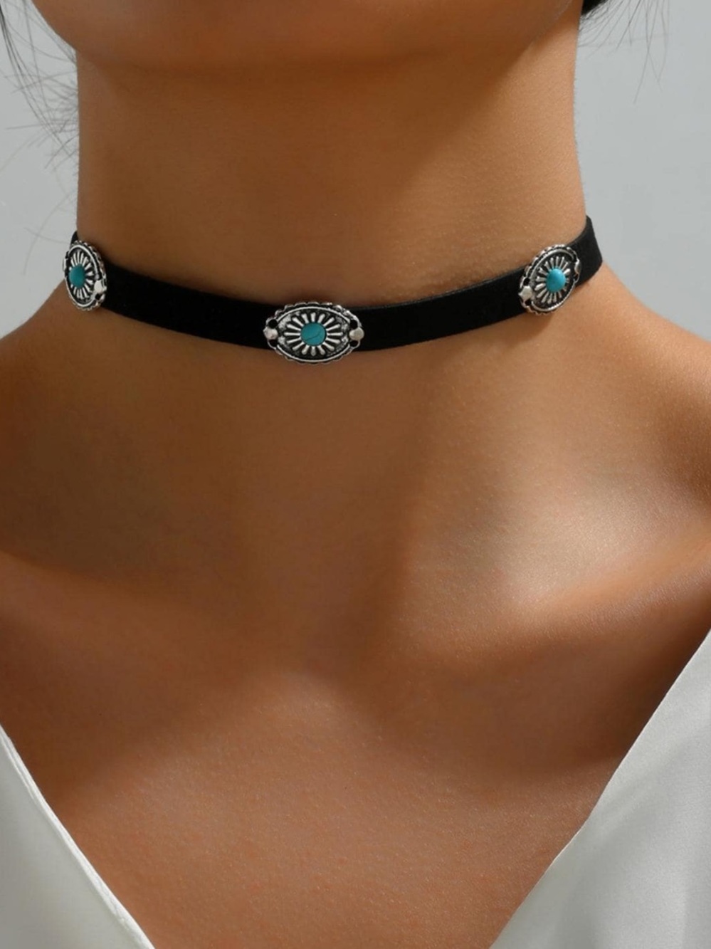 Black Choker Necklace with Turquoise Accents